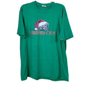 Vintage Jerzees Stressed Out Cat Santa Green Christmas T-Shirt Size XL Unisex